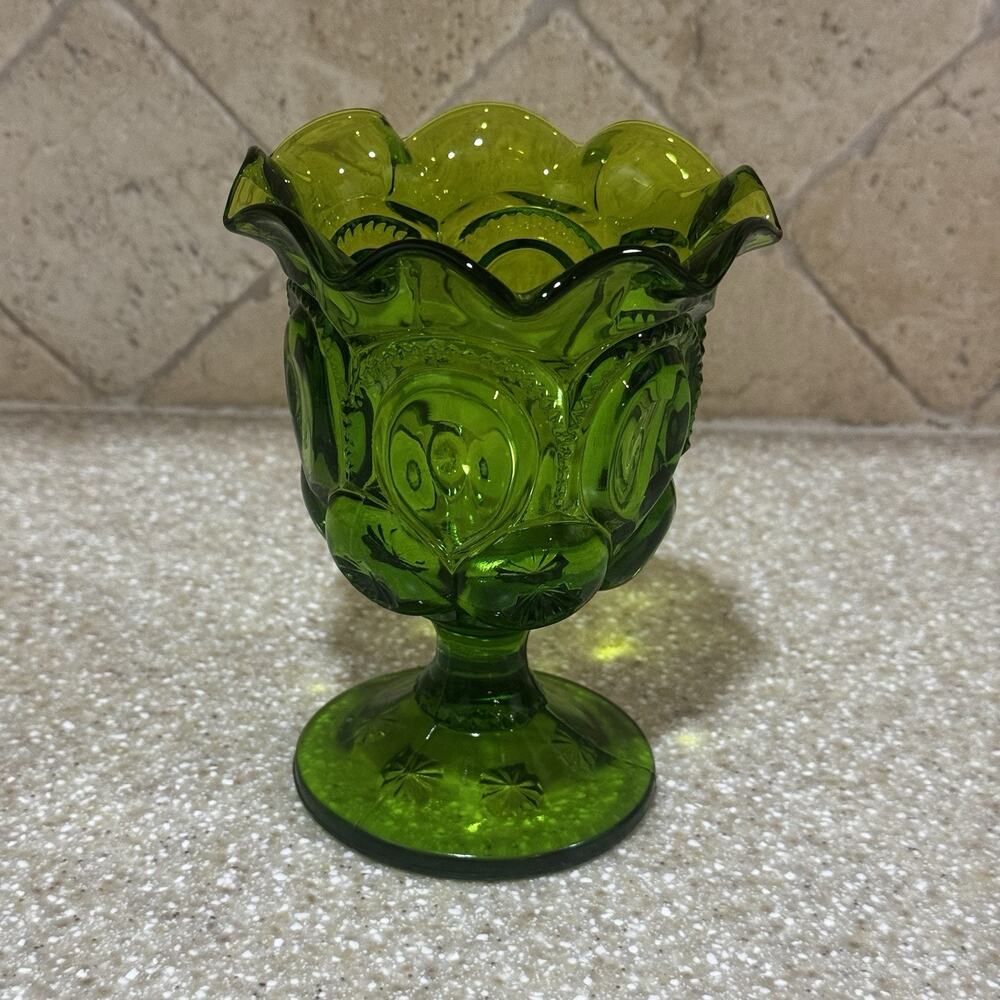 Vintage LE Smith Green Moon & Stars‎ Ruffled Footed Open Vase Compote 5 3/4" USA